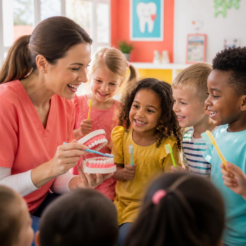 Mondzorgprofessional laat vrolijke kinderen op school op een speelse, laagdrempelige manier kennismaken met tandenpoetsen